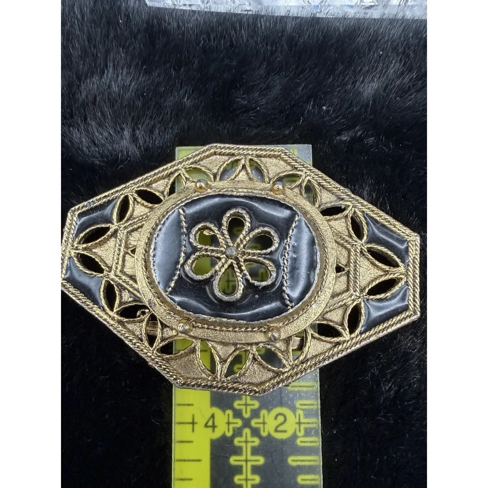 Black Enamel Brooch Gold‎ Tone Ornate Flower Scroll Design Vintage